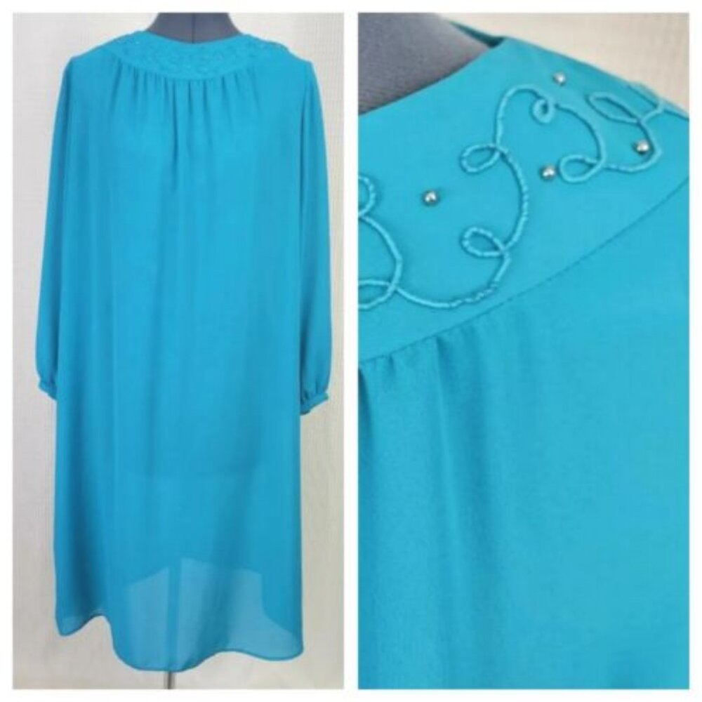 Vtg Diane Roberts Blue Semi Sheer Dress w Emb. & Beaded Collar 44 Bust Sz. 12/14